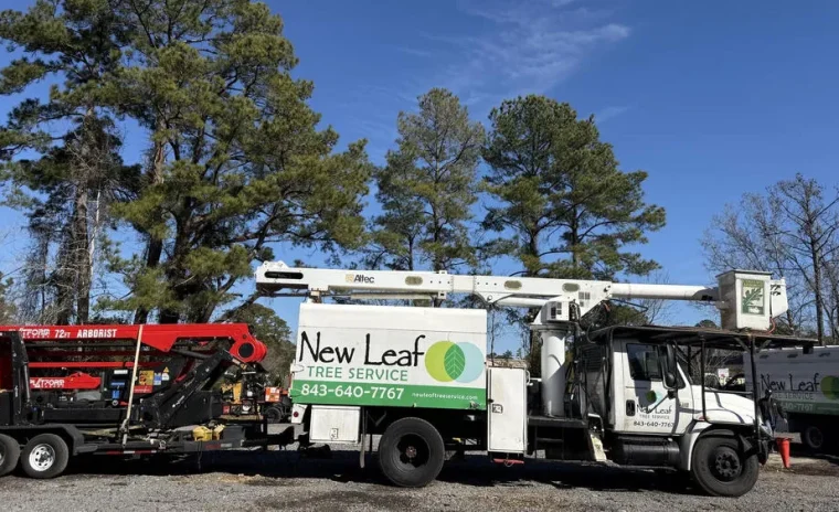 A New Leaf Tree Service bucket truck parked alongside a red arborist lift trailer under a clear blue sky.